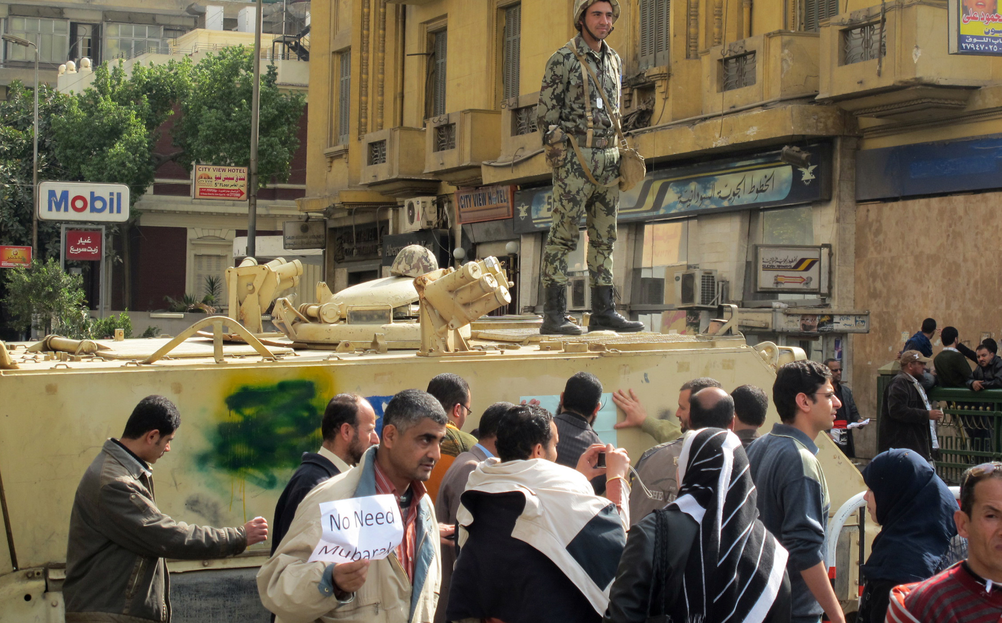 Protesters gathered under the watchful eye of the Egyptian army. <br>
(Photo credit: Marc Daou)
